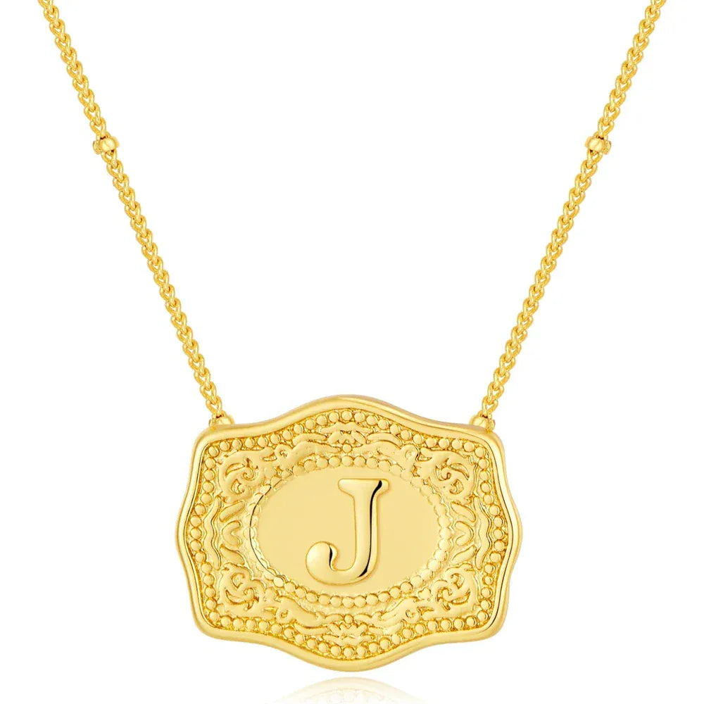 Embossed Belt Buckle Pendant Necklace for Men Punk Jewelry Gold Color A-Z Initial Letter Necklaces Women Western Jewelry Gift J / Silver / CHINA