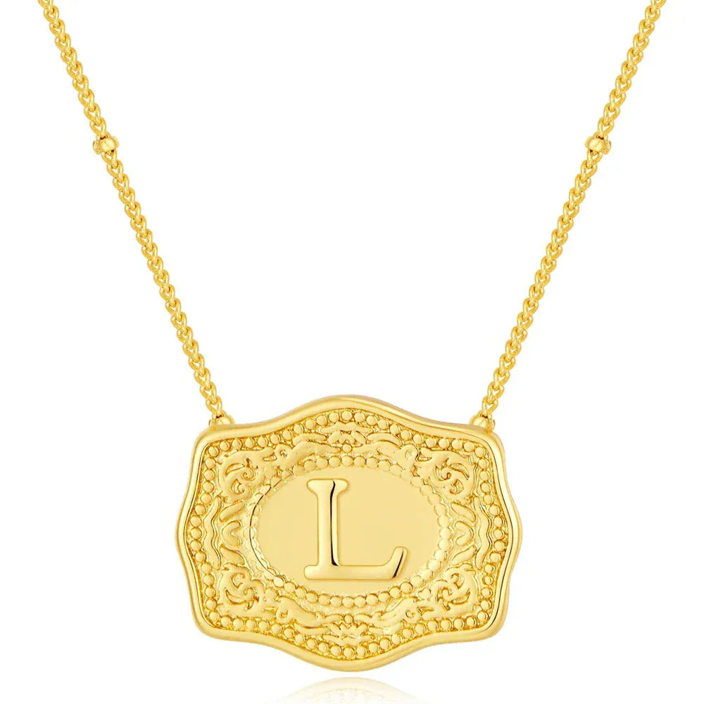 Embossed Belt Buckle Pendant Necklace for Men Punk Jewelry Gold Color A-Z Initial Letter Necklaces Women Western Jewelry Gift L / Silver / CHINA