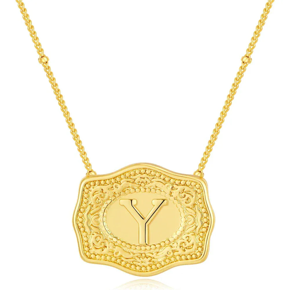 Embossed Belt Buckle Pendant Necklace for Men Punk Jewelry Gold Color A-Z Initial Letter Necklaces Women Western Jewelry Gift Y / Silver / CHINA