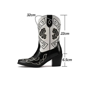 Svartvita Låga Cowboyboots med Grafiskt Broderi för Dam
