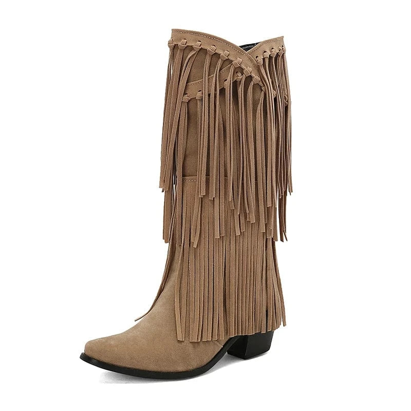 Höga Cowboystövlar med Fransar för Dam Beige / 35