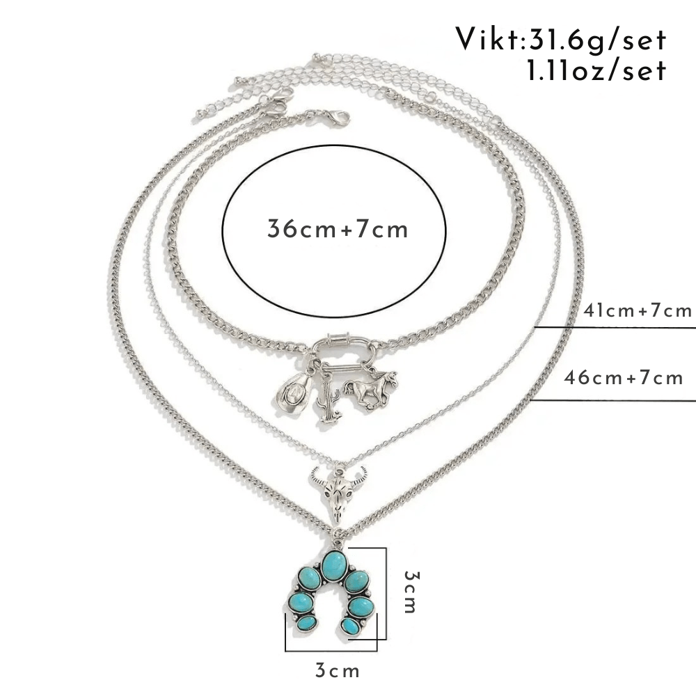 Flerradigt halsbandsset i western stil med turkos och cowboy-berlocker Silver med 3st