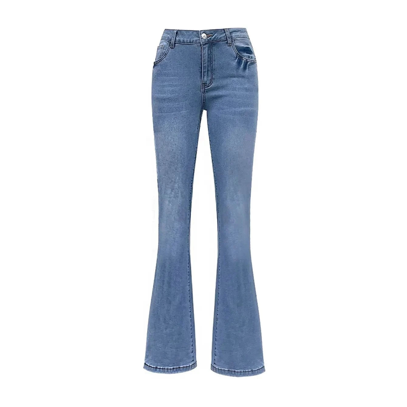 Högmidjade blå flare jeans med rosett-broderi för dam