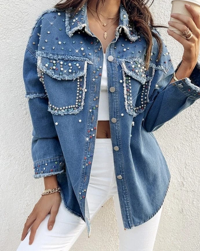 Jeansjacka dam med pärlor och strass