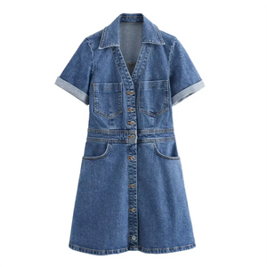 Kort denimklänning med knappar Blå / XS