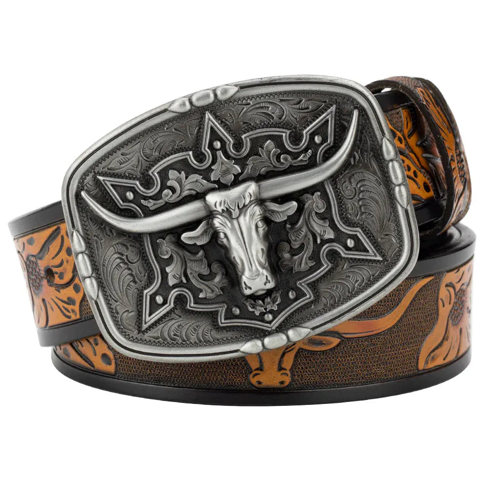 Läderbälte western longhornspänne Silver Kamel / 95cm