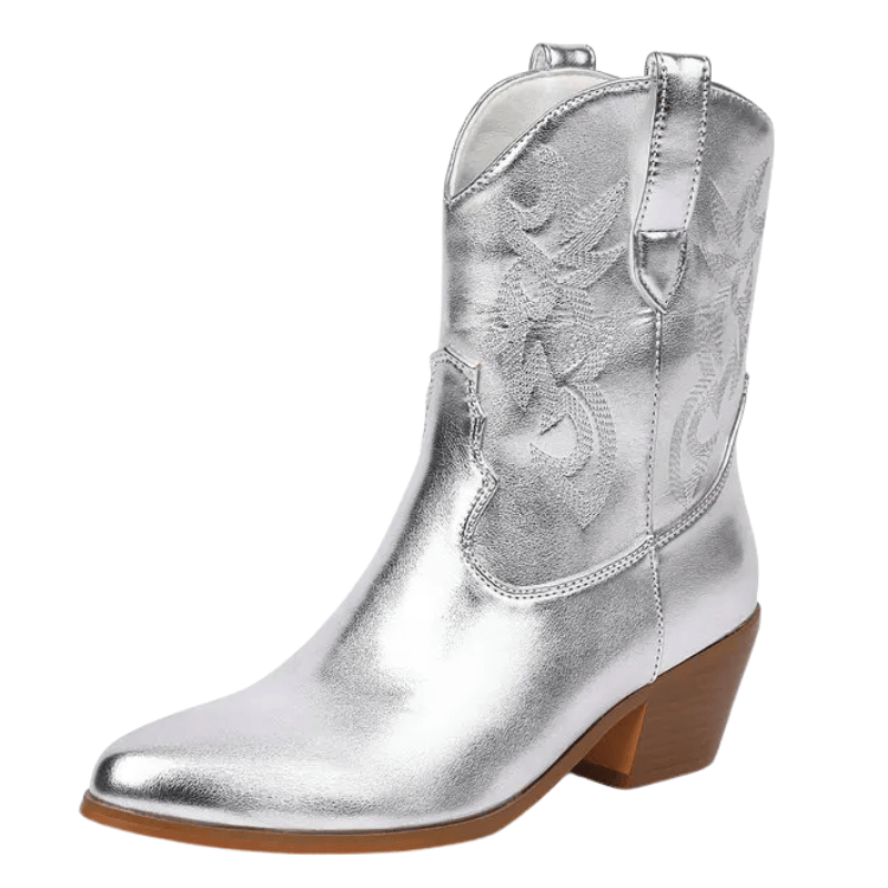 Låga cowboyboots i glänsande läderlook med broderi Silver / 35
