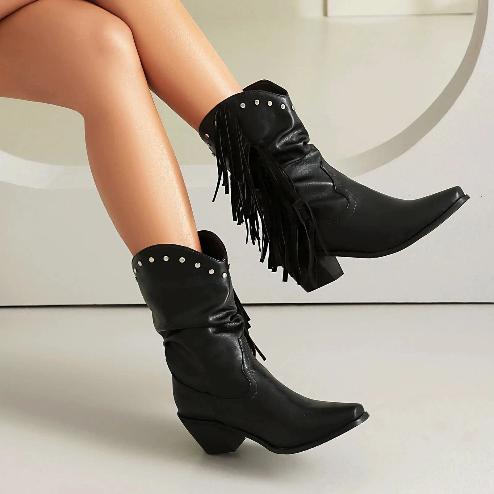 Låga Cowboyboots i Slouchy Stil med Fransar för Dam