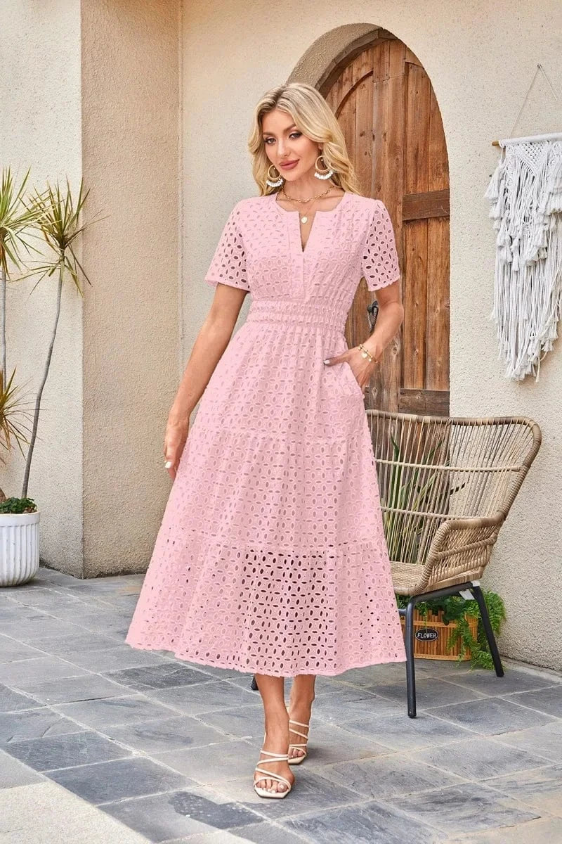 Lång bohemisk klänning med spets och broderi Rosa / XS