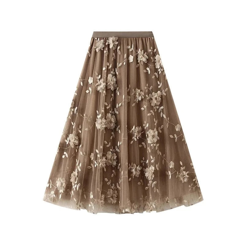 Lång tyllkjol med blombroderi i 3D Khaki / One Size