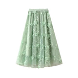 Lång tyllkjol med blombroderi i 3D Ljusgrön / One Size