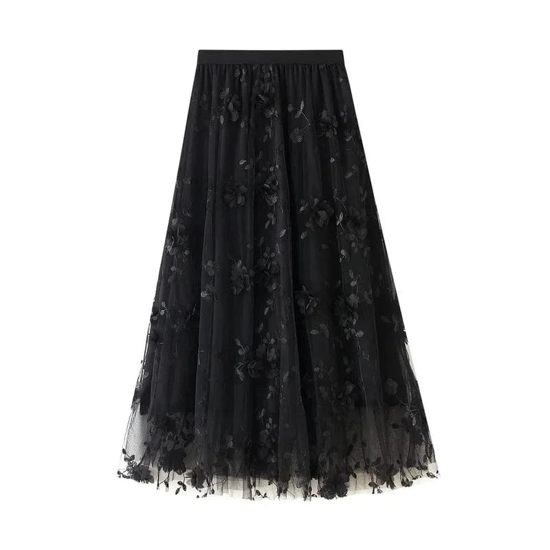 Lång tyllkjol med blombroderi i 3D Svart / One Size