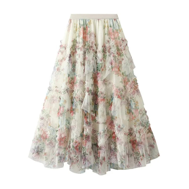 Lång tyllkjol med blommönster och volanger Aprikos / One Size