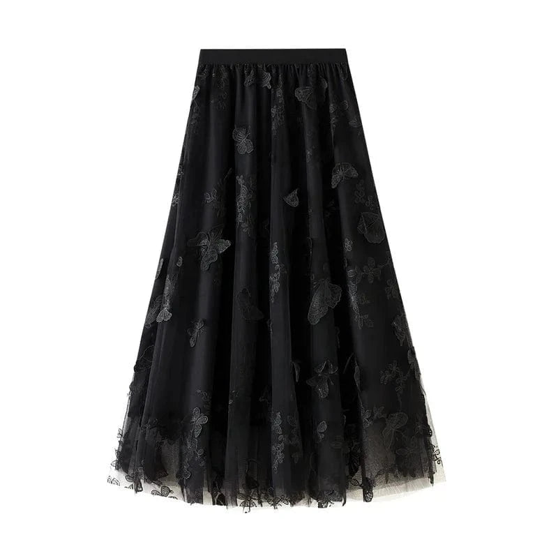 Lång tyllkjol med broderade fjärilar Svart / One size