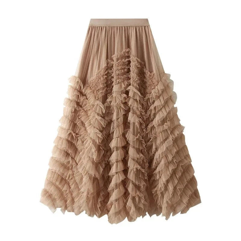 Lång tyllkjol med kaskadvolanger Khaki / One Size