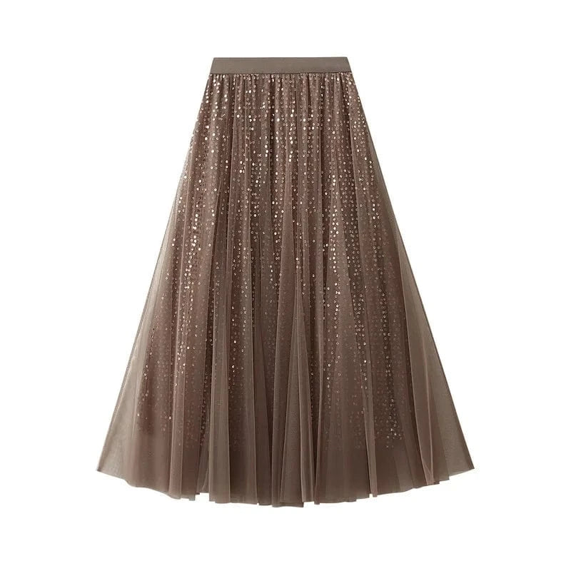 Lång tyllkjol med paljetter Khaki / One Size