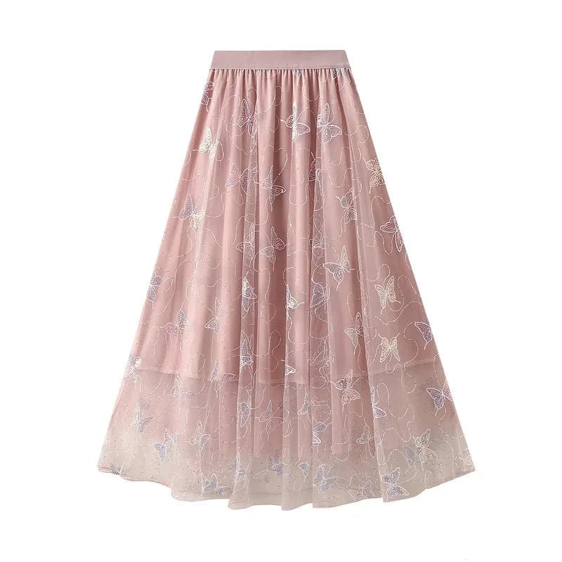 Lång tyllkjol med paljettfjärilar Rosa / One Size