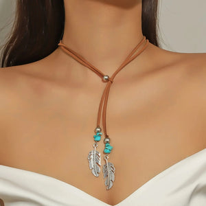 Lariat-halsband i mocka med fjädrar och turkos Brun med turkos