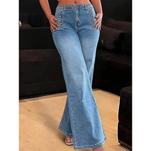 Ljusblå högmidjade vida jeans med dekorativa knappar