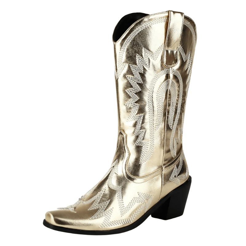 Metalliska Cowgirl Boots med Kontrastbrodyr Guld / 35