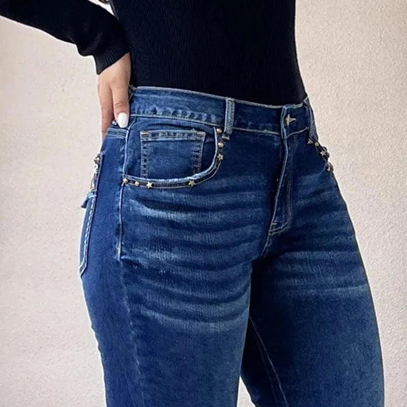 Mörkblå bootcut jeans med leopardmönster