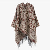Öppen poncho med blommigt jacquardmönster Brunröd / One Size
