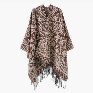 Öppen poncho med blommigt jacquardmönster Brunröd / One Size