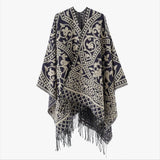 Öppen poncho med blommigt jacquardmönster Marinblå / One Size
