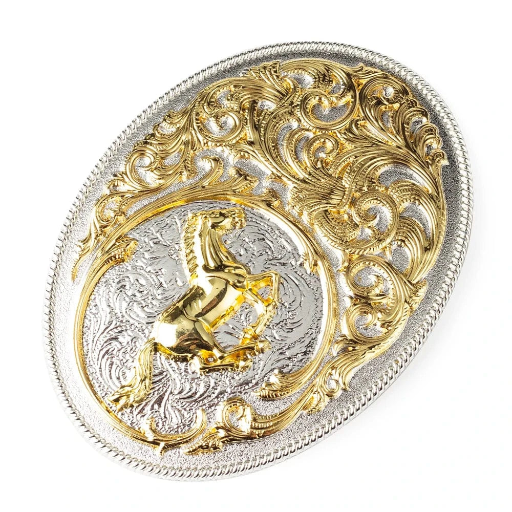 Oval Bältesspänne Guldhäst Silver Blommig Gravyr Guld och silver