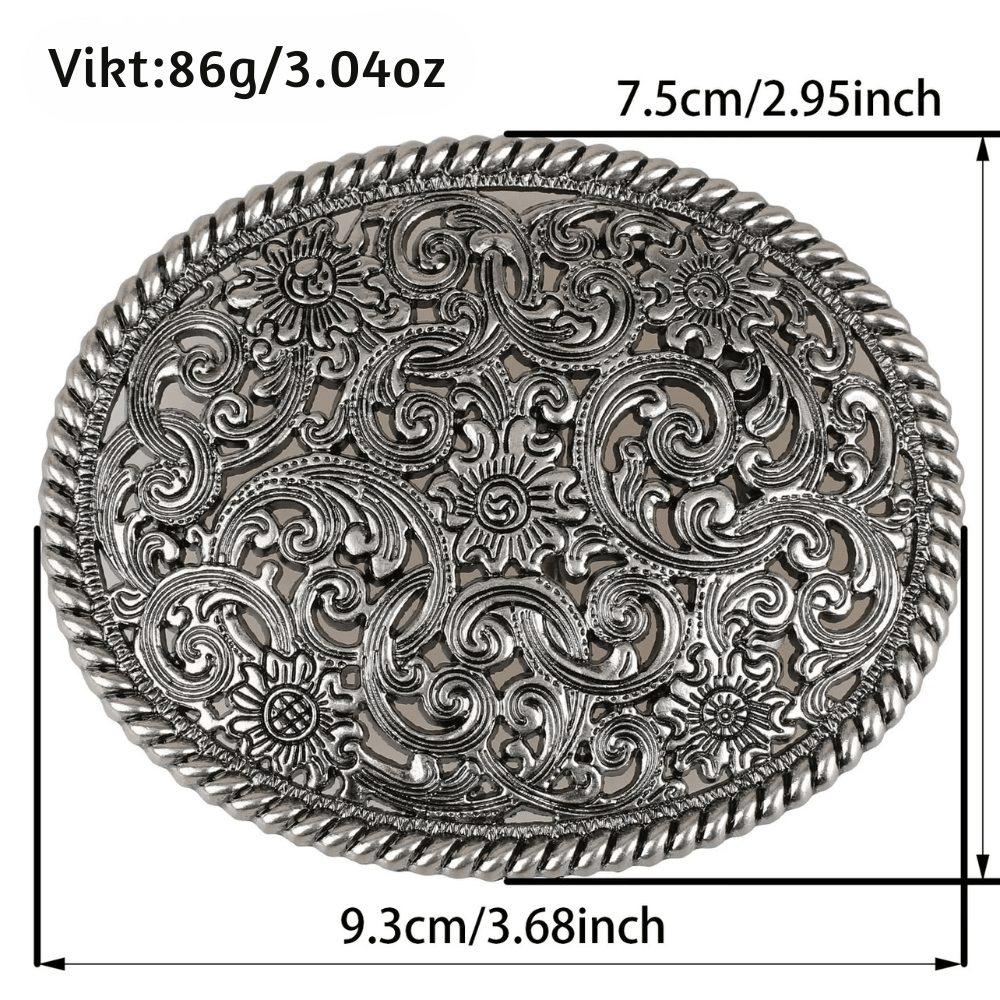 Ovalt bältespänne i vintage-silver med blommigt gravyrmönster Silver