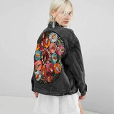Oversize jeansjacka dam med blombroderi Svart / S