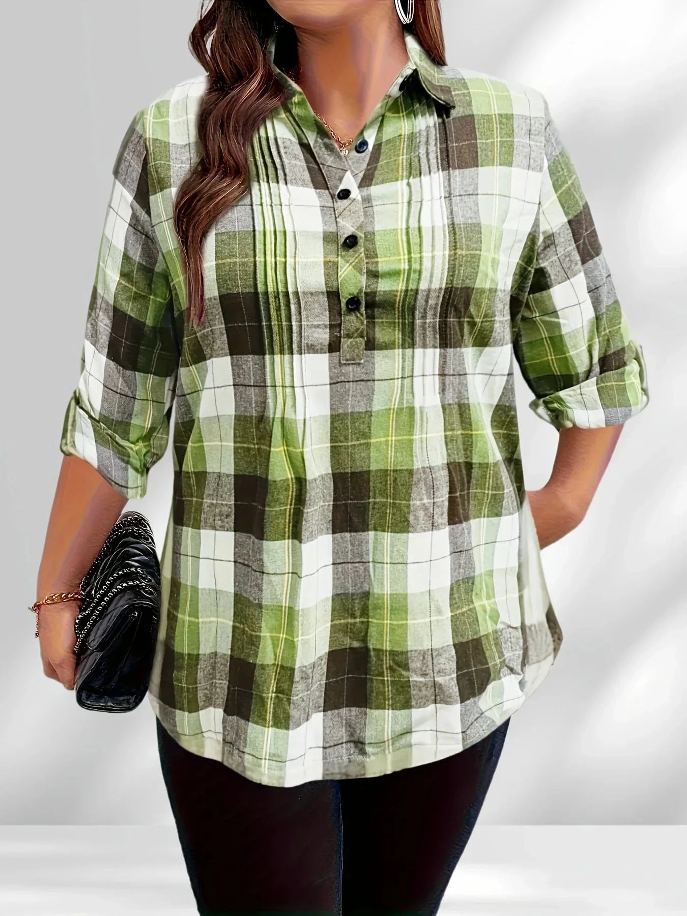 Plus size grön rutig popover-skjorta för dam