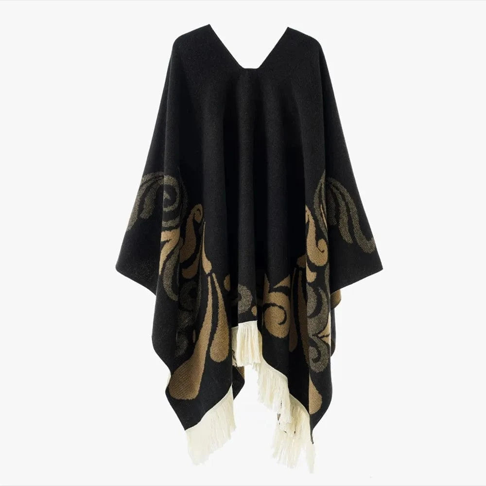 Poncho med fransar Beige svart / One Size