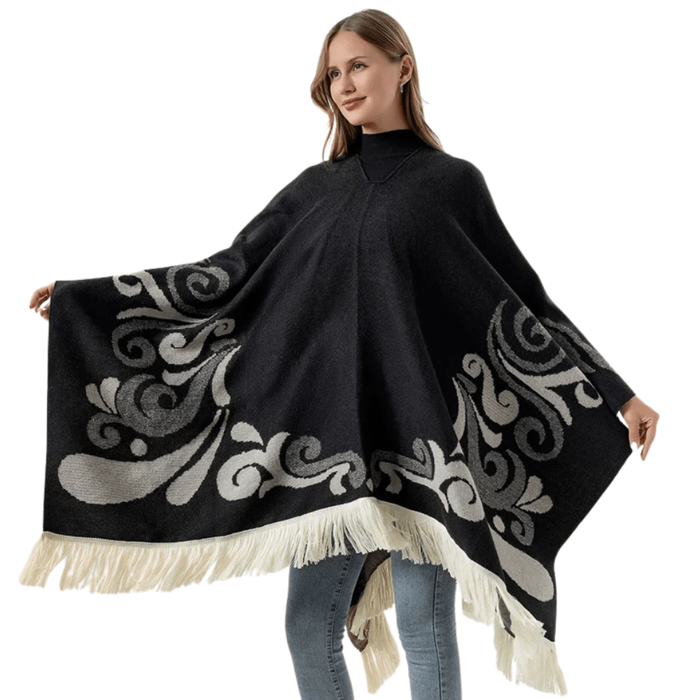 Poncho med fransar Svart vit / One Size