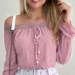 Rosa off shoulder-blus med smock och prickar
