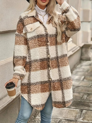 Rutig teddy-överskjorta för dam Ljusbrun / XL
