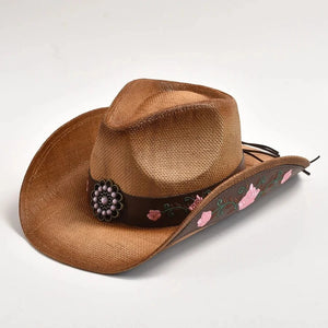 Strå Cowboyhatt med Broderad Läderrem