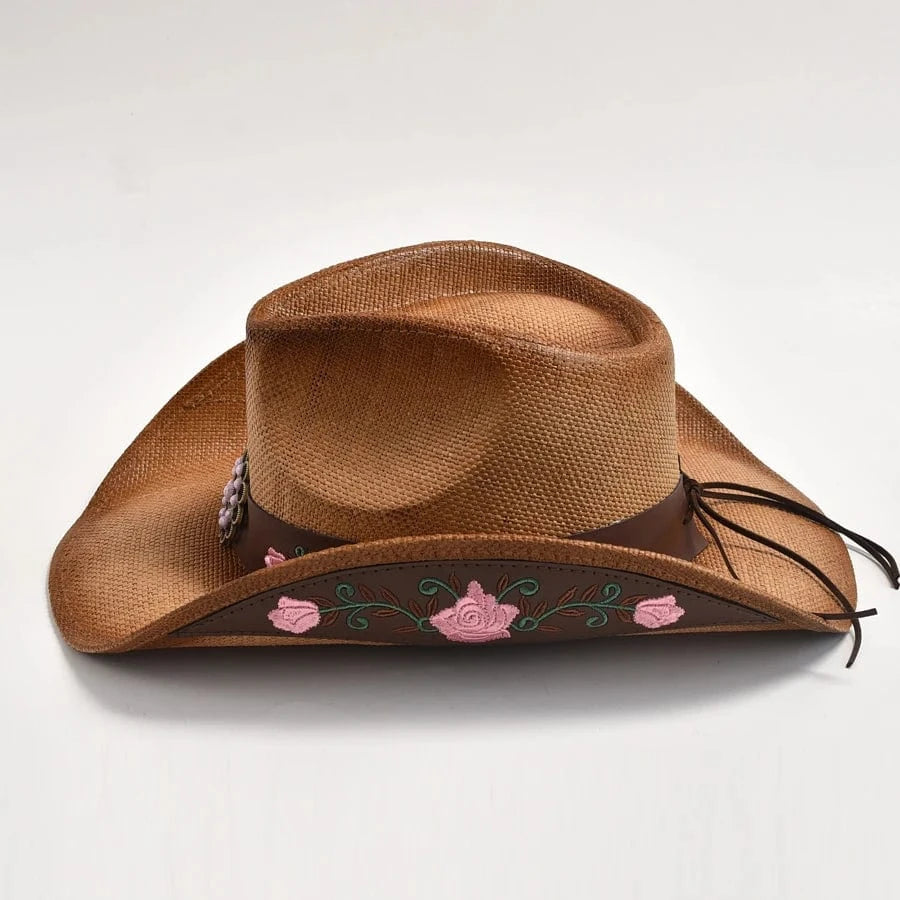 Strå Cowboyhatt med Broderad Läderrem
