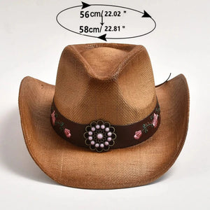 Strå Cowboyhatt med Broderad Läderrem