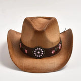 Strå Cowboyhatt med Broderad Läderrem Rosa / 56-58cm