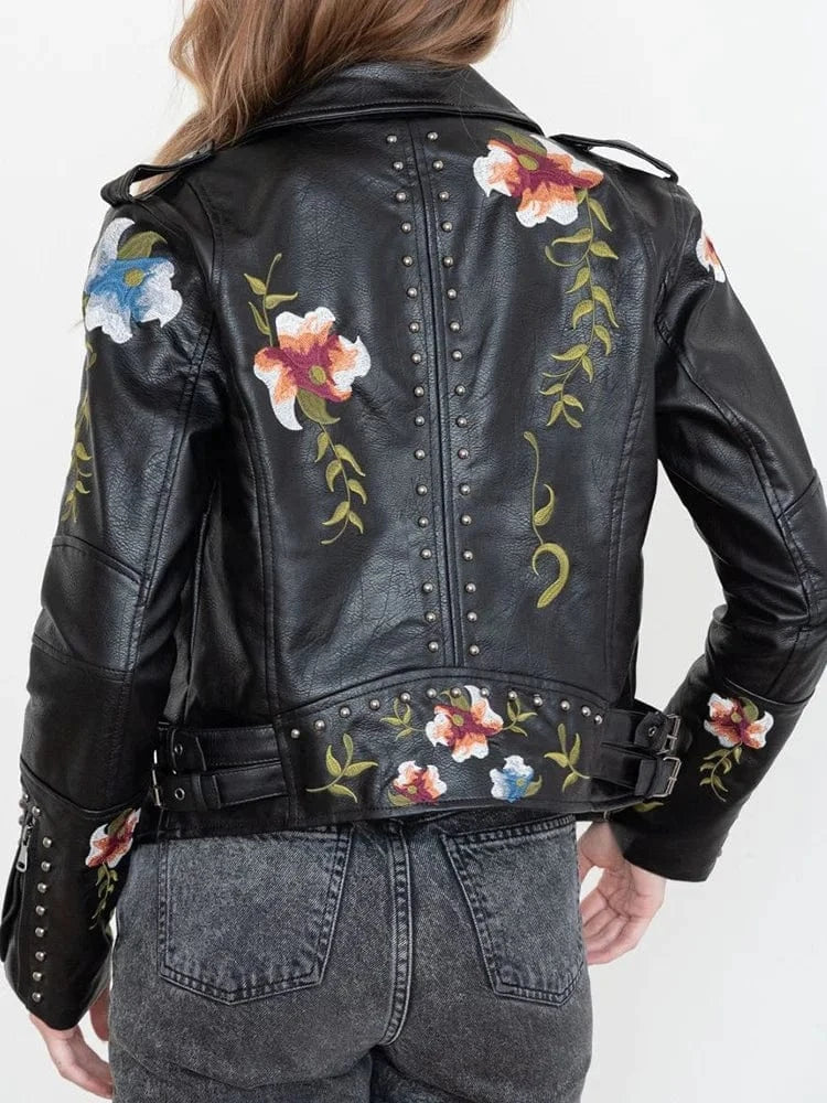 Svart bikerjacka dam med broderi