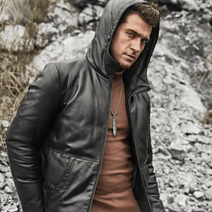 Svart läder dun hoodie jacka herr