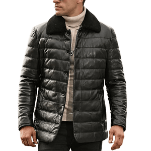 Svart läder dun jacka med pälskrage