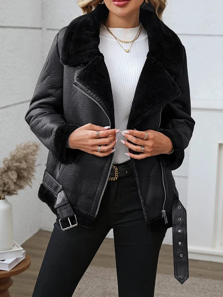 Svart shearling bikerjacka dam