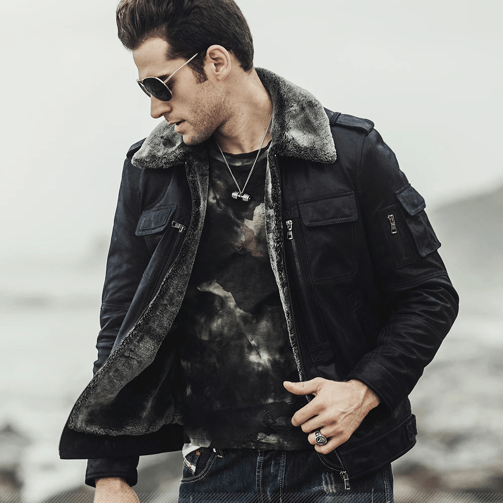 Svart skinn shearling jacka herr