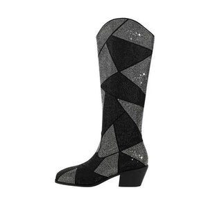 Svarta Höga Cowboystövlar med Strass för Dam Geometriskt - Svart / 35