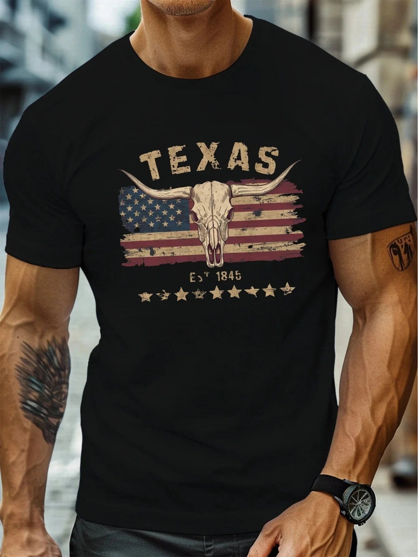 T-shirt i Bomull med Texas Longhorn Svart / XS