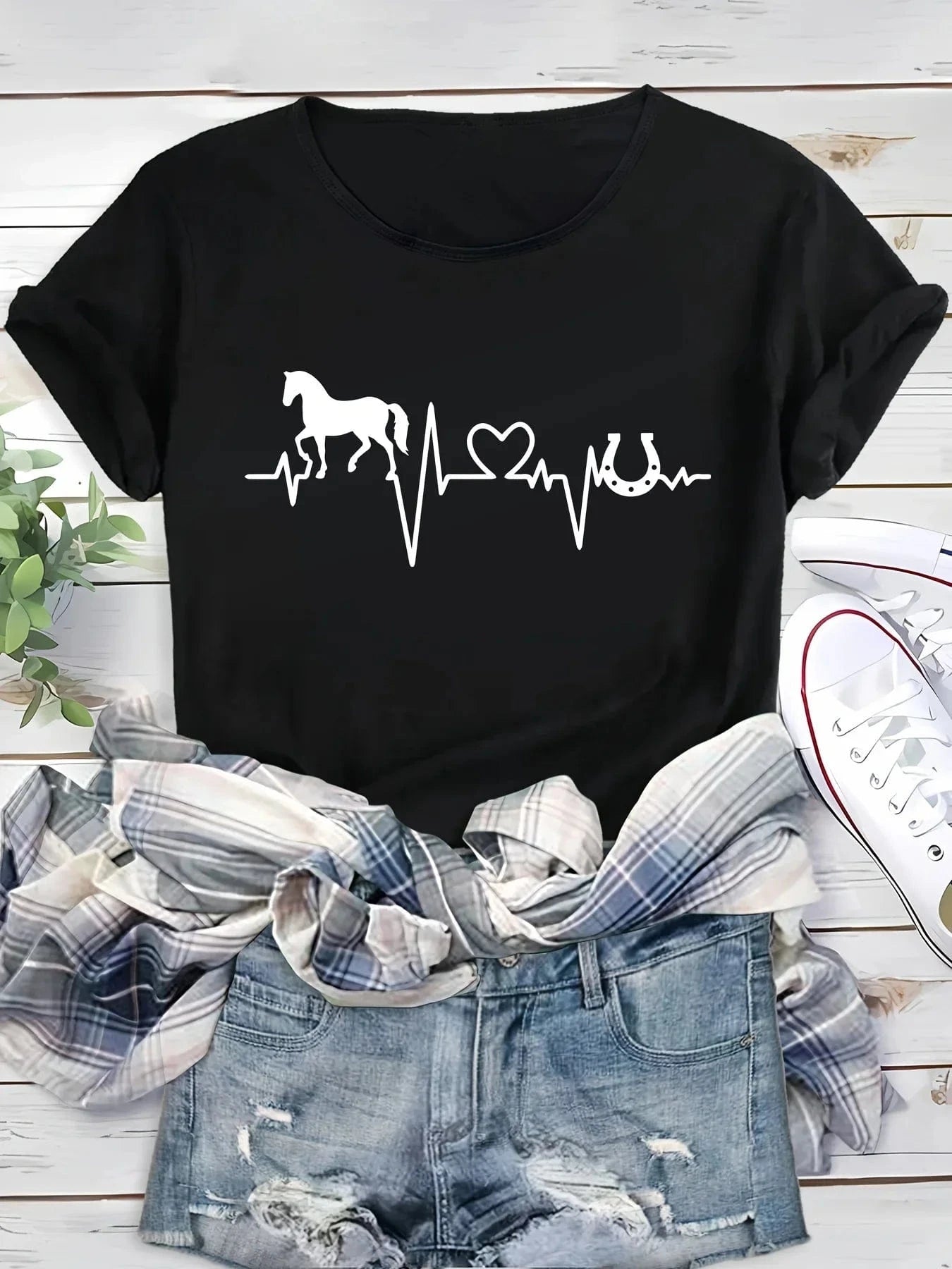 Tshirt för dam med häst hjärta och hästsko Svart / S