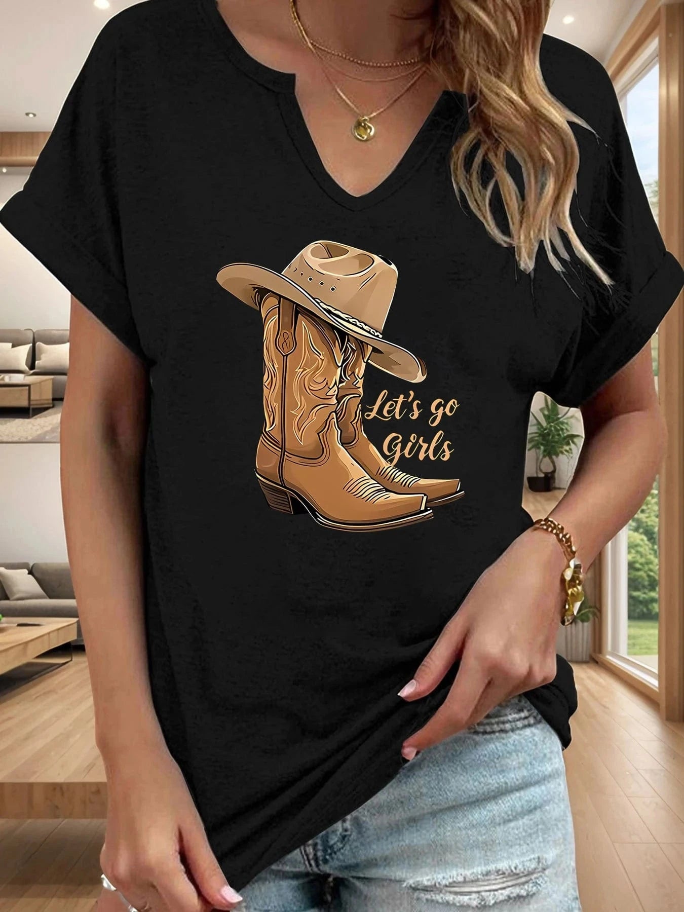 Tshirt med cowboyhatt och boots "Let’s Go Girls" Svart / S