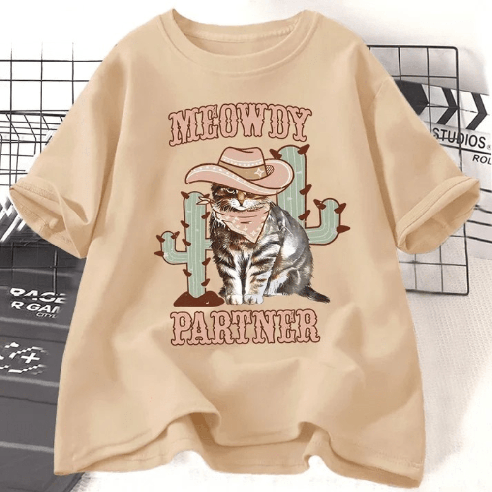 Tshirt med cowboykatt "Meowdy Partner" Beige / S